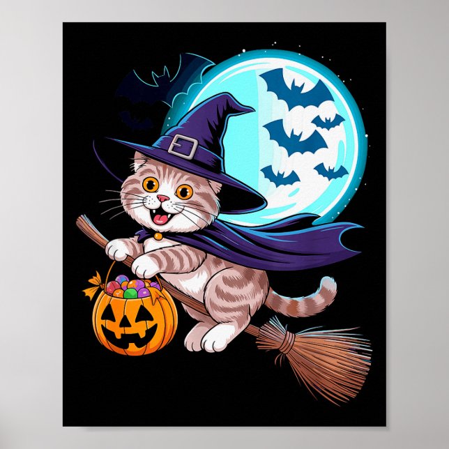 Halloween Witch Scottish Fold Moon Coupari  Poster (Front)