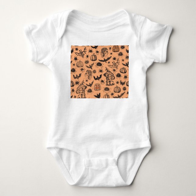 Halloween Witch Silhouette: Cartoon Pattern. Baby Bodysuit (Front)