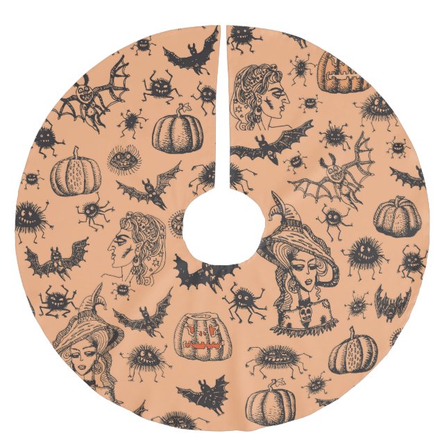 Halloween Witch Silhouette: Cartoon Pattern. Brushed Polyester Tree Skirt (Front)