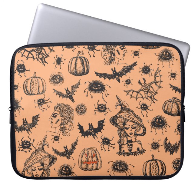 Halloween Witch Silhouette: Cartoon Pattern. Laptop Sleeve (Front)