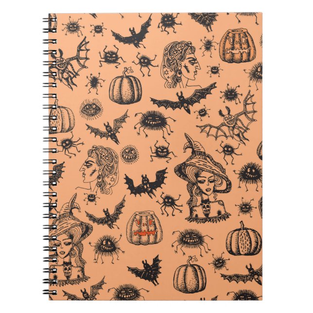 Halloween Witch Silhouette: Cartoon Pattern. Notebook (Front)