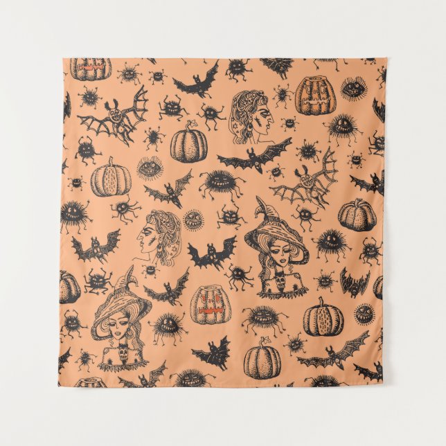 Halloween Witch Silhouette: Cartoon Pattern. Tapestry (Front)