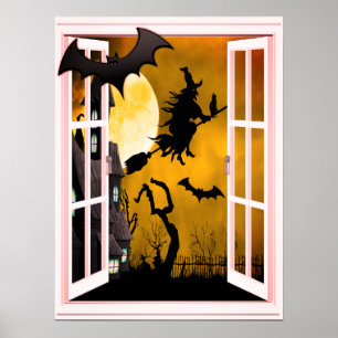Halloween Witch Silhouette Window View Poster