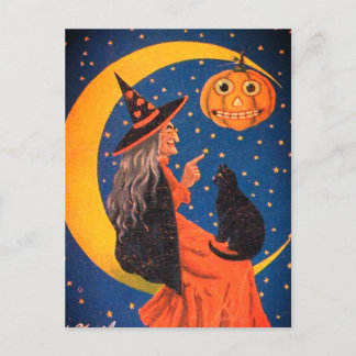 Halloween Witch Sitting On Moon Vintage Holiday Postcard