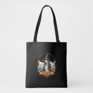 Halloween Witch & Skull Tote Bag