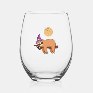 Halloween Witch Sloth Oversized T-Shirt Stemless Wine Glass