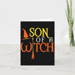 Halloween witch son hat and broom stick trick  card