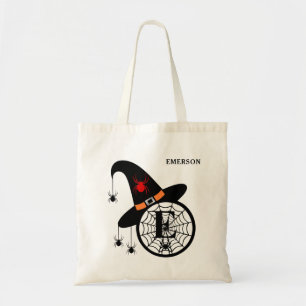 Halloween Witch Spider Monogram E Custom Name Tote Bag