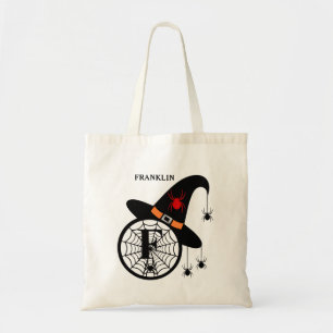 Halloween Witch Spider Monogram F Custom Name Tote Bag