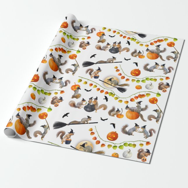 Halloween Witch Squirrels Wrapping Paper (Unrolled)