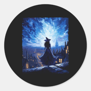 Halloween Witch Starry Night Van Gogh Aesthetic Pa Classic Round Sticker