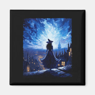 Halloween Witch Starry Night Van Gogh Aesthetic Pa Magnet