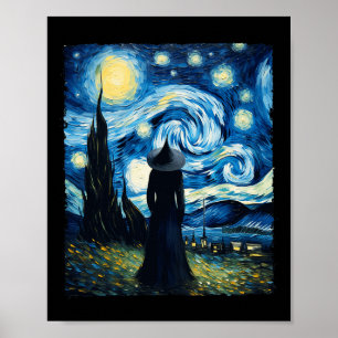 Halloween Witch Starry Night Van Gogh Aesthetic Pa Poster