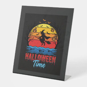 Halloween Witch Sunset Vector Pedestal Sign