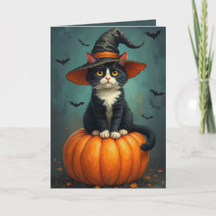 Halloween Witch Tuxedo Cat On A Pumpkin Card