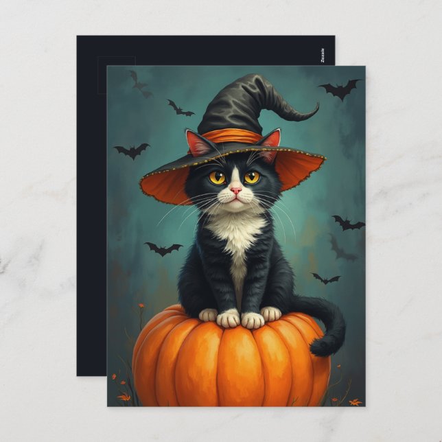 Halloween Witch Tuxedo Cat On A Pumpkin Holiday Postcard (Front/Back)