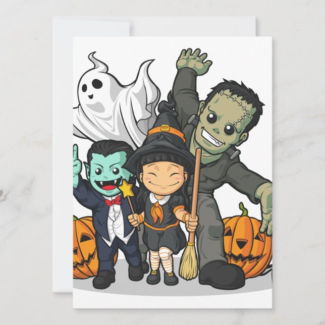 Halloween Witch, Vampire, Frankenstein & Ghost Card (Front)