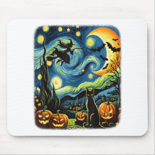 Halloween Witch Van Gogh Starry Night Black Cat Pu Mouse Pad