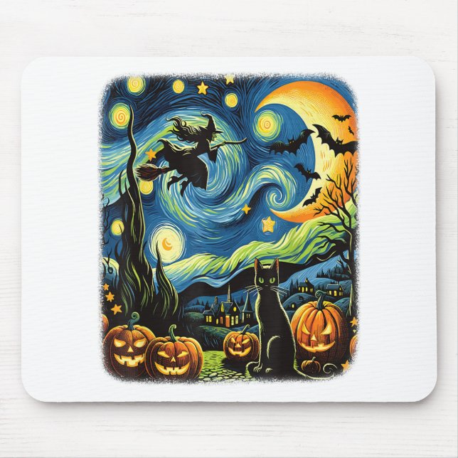 Halloween Witch Van Gogh Starry Night Black Cat Pu Mouse Pad (Front)
