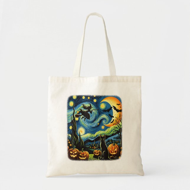 Halloween Witch Van Gogh Starry Night Black Cat Pu Tote Bag (Front)