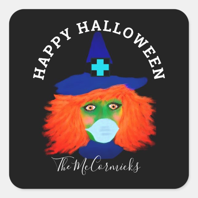 Halloween Witch Wearing Face Mask Script Name Square Sticker (Front)
