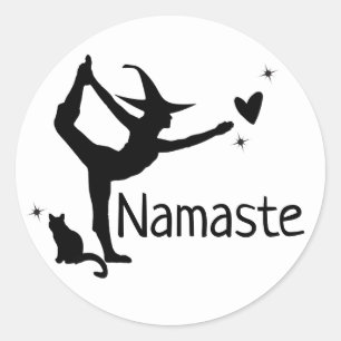 Halloween Witch White Black Cat Yoga Namaste Fun Classic Round Sticker