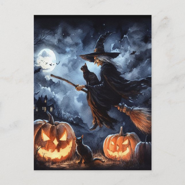 Halloween Witch with Broom and Cat Postcard (Front)