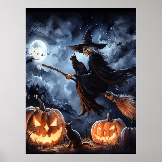 Halloween Witch with Broom and Cat Poster (Front)