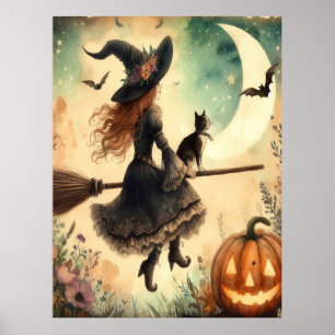 Halloween Witch with Broom and Cat Poster