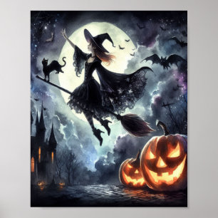 Halloween Witch with Broom and Cat Poster