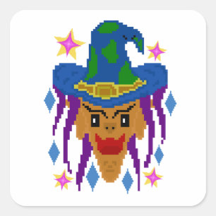 Halloween Witch with Broom – Pixel Art Square Sticker