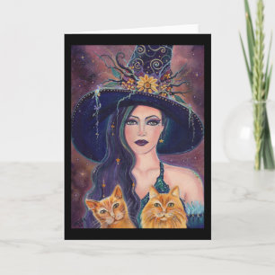 Halloween witch with cats greeting card by Renee