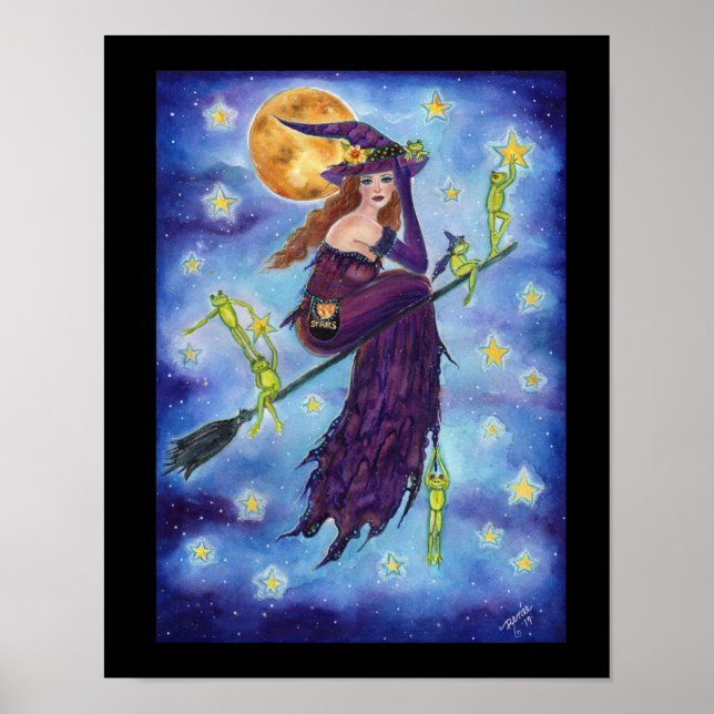 Halloween witch with cute frogs by Renee Lavoie Poster (Front)