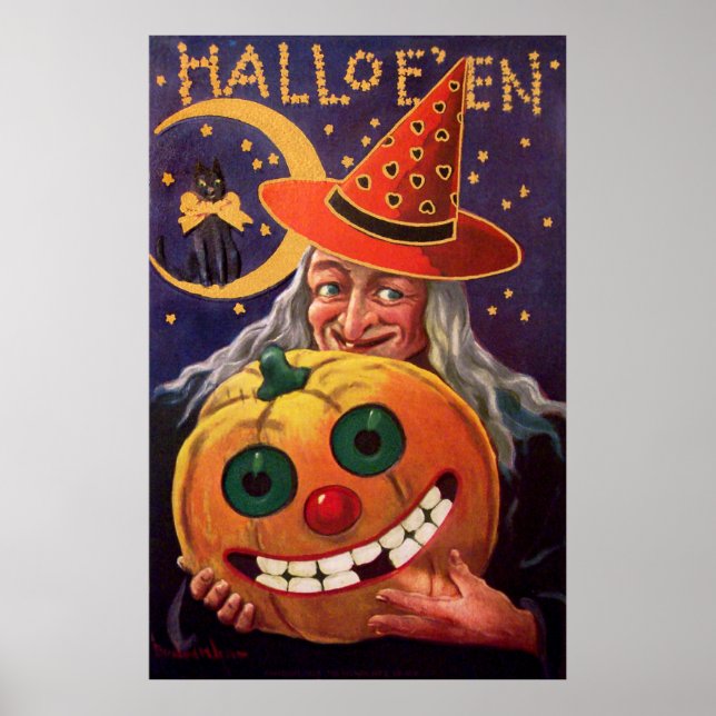 Halloween Witch with Funny Pumpkin Poster (Front)