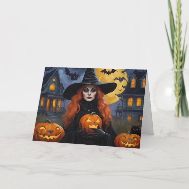 Halloween Witch with Jack O'Lantern Illustration  Holiday Card (Front)