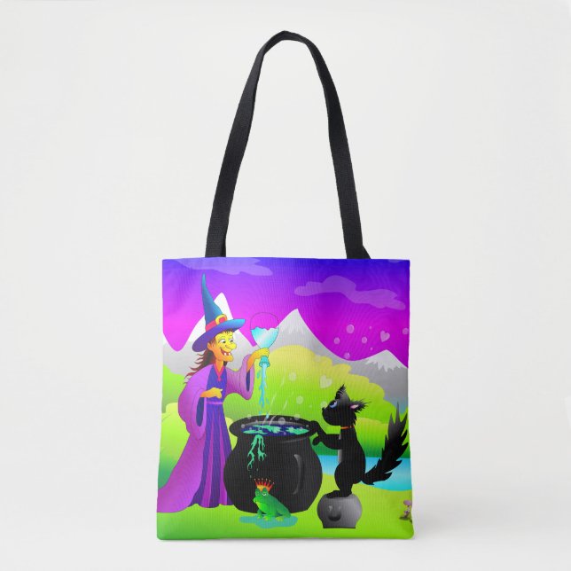 Halloween Witch with Magic Potion and Black Cat Tote Bag (Front)