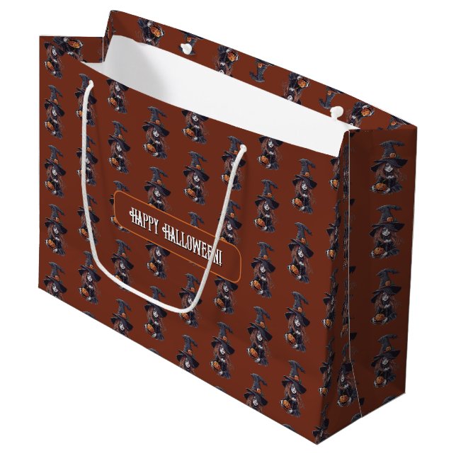 Halloween Witch with Pumpkin -  Large Gift Bag (Front Angled)