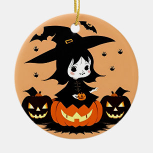 Halloween Witch with Pumpkins Ceramic Tree Decoration
