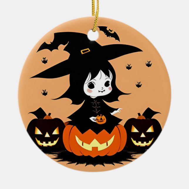 Halloween Witch with Pumpkins Ceramic Tree Decoration (Front)