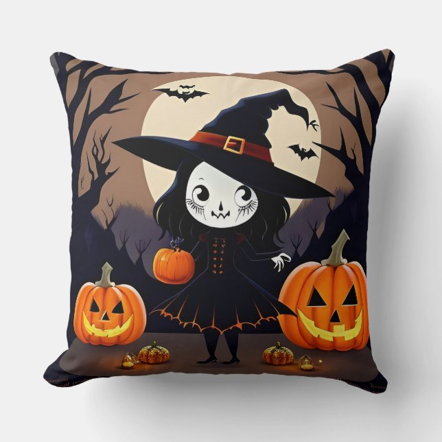 Halloween Witch with Pumpkins Cushion (Front)
