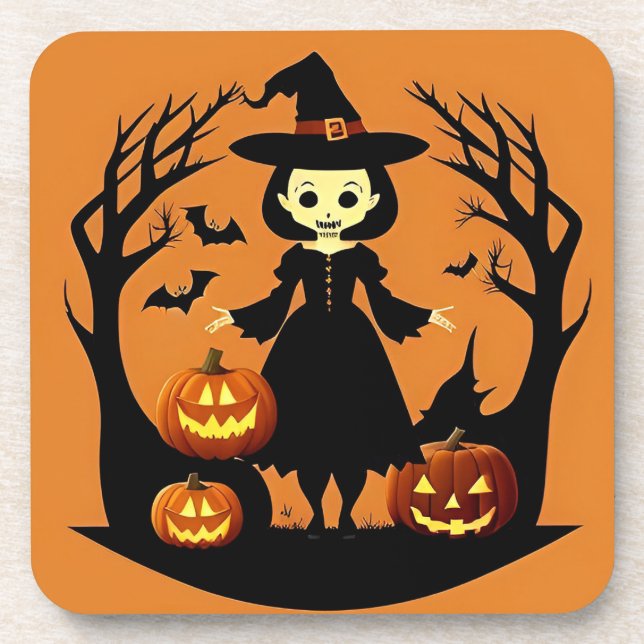 Halloween Witch with Pumpkins in Spooky Setting Coaster (Front)