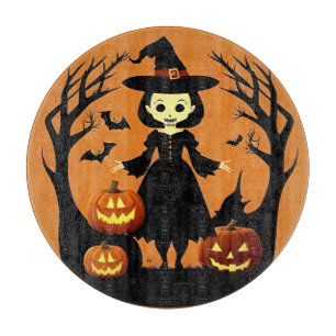 Halloween Witch with Pumpkins in Spooky Setting Cutting Board