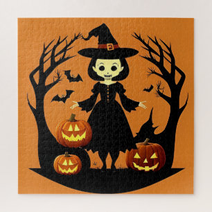 Halloween Witch with Pumpkins in Spooky Setting Jigsaw Puzzle