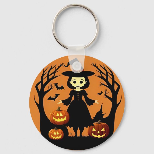 Halloween Witch with Pumpkins in Spooky Setting Key Ring (Front)