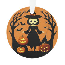 Halloween Witch with Pumpkins in Spooky Setting