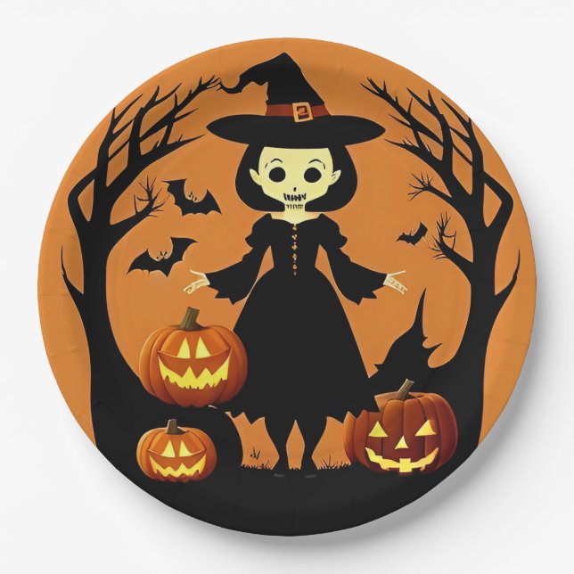 Halloween Witch with Pumpkins in Spooky Setting Paper Plate (Front)