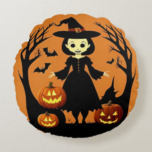 Halloween Witch with Pumpkins in Spooky Setting Round Cushion
