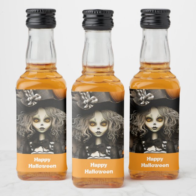 Halloween witch with pumpkins liquor bottle label (Bottles)