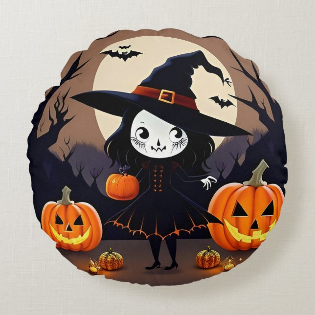 Halloween Witch with Pumpkins Round Cushion (Front)