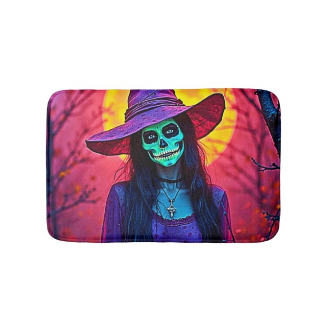 Halloween Witch with Skull Face Design Bath Mat (Front)